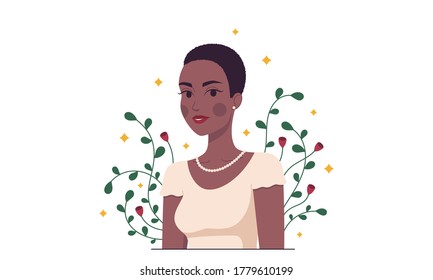 African fashion woman, minimalist style. Cartoon lady with dark skin and short hairstyle in the garden. Stylish woman character, lady, model, girl. Minimalist summer composition. Vector illustration