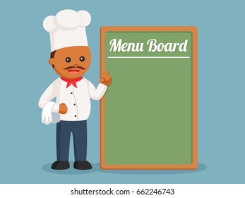 african fat chef with big menu board