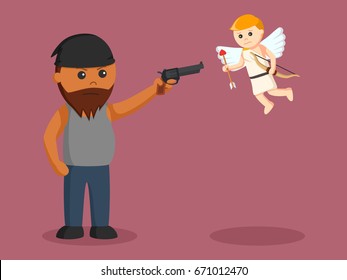 African Fat Man Aiming Gun To Cupid