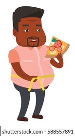 African- fat man with slice of pizza measuring a waistline. Fat man measuring a waistline with tape. Fat man with centimeter on waistline. Vector flat design illustration isolated on white background.