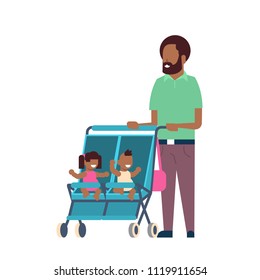 african father beard baby sister brother twins double stroller full length avatar on white background, successful family concept, flat cartoon vector illustration