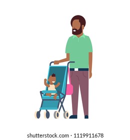 african father beard with baby son in stroller full length avatar on white background, successful family concept, flat cartoon vector illustration