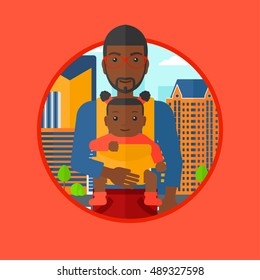 An african father carrying daughter in sling. Father with baby in sling walking in the city street. Father carrying baby in sling. Vector flat design illustration in the circle isolated on background.