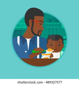 An african father feeding baby girl at home. Father teaching baby girl to eat with spoon. Father spoon-feeding her baby at kitchen. Vector flat design illustration in the circle isolated on background