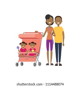 african father mother baby twins double pink stroller full length avatar on white background, successful family concept, flat cartoon