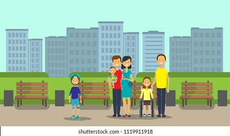 african father mother daughter wheelchair full length avatar over city park wooden bench street lamp green lawn cityscape template background flat vector illustration