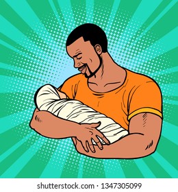 african father with newborn. family husband and child birthday. Comic cartoon pop art vector retro vintage drawing