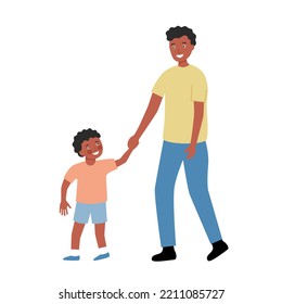 African father and son holding hands walking together in flat design on white background.