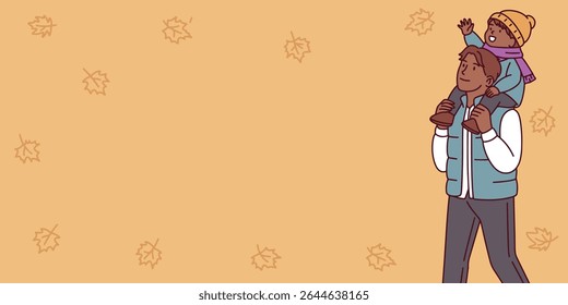 African father walks with son in fall park holding hands and enjoying warm autumn weather and falling leaves together. Banner, copy space