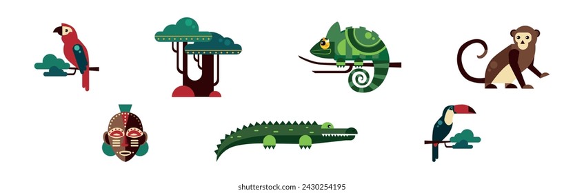 African Fauna and Safari Geometric Design Animal Vector Set