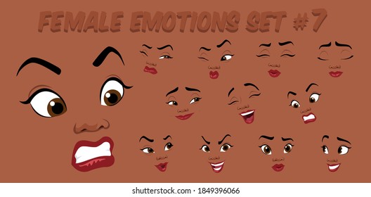 African Female abstract cartoon face expression variations, emotions collection set, vector illustration