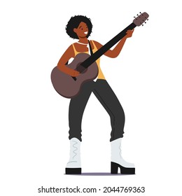 African Female Character Playing Acoustic Guitar Performing Rock or Country Melody. Musician Singing and Playing in Rocking Clothing, Artist Guitar Player, Singer Girl. Cartoon Vector Illustration