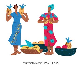 African female characters with fruit harvest, cartoon flat vector illustration isolated on white background. Farmers or sellers of fruits of African origin.