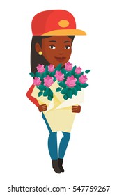 African female delivery courier delivering flowers. Delivery courier with bouquet of flowers. Delivery courier holding bouquet of flowers. Vector flat design illustration isolated on white background.