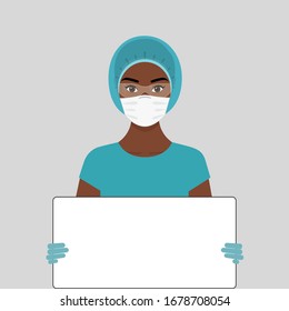 African female doctor in blue surgeon's suit, cap, glasses, gloves and mask holds empty Board with space for text. Concept of prevention of infection of the coronavirus. Vector stock flat illustration