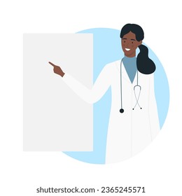 African female doctor pointing at black board. Medical worker with stethoscope shows on board cartoon vector illustration