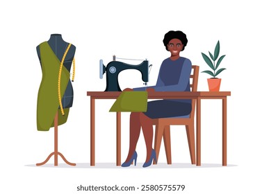 African female dressmaker or seamstress working on sewing machine. Smiling woman sewing sitting on table. Fashion designer at workplace. Woman using sewing machine. Tailor with a mannequin. Vector