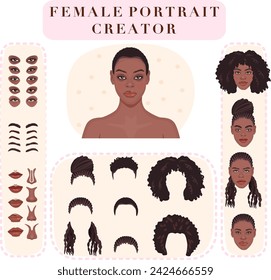 African female face constructor. Avatar creation kit with collection of eyes, brows, noses, lips and hairstyles. 