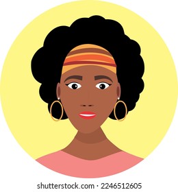 African female face with turban on head and hoop earring. Yellow circle. Dark-skinned female face on yellow background. Black lives matter.