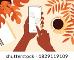 African female hand hold smartphone with message on screen. Touch screen gadget in woman's arm. Vector Illustration.