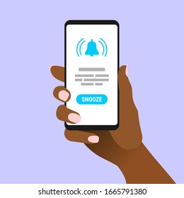 African Female Hand Hold Smartphone With Alert Message On Screen. Afro-american Woman Showing Cell Phone With Bell Alarm Icon On Display. Touch Screen Gadget In Womans Arm. Vector EPS8 Illustration.