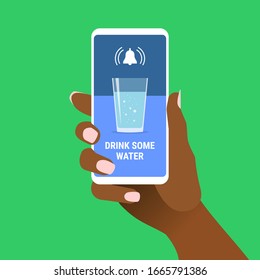 African female hand hold smartphone with message and glass of water on screen. Cell phone with reminder notification in afro-american woman arm. Healthy lifestyle concept. Vector EPS10 illustration.