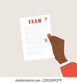 African female hand holding answer sheet after exam. School and college education concept. Vector illustration in flat cartoon style.