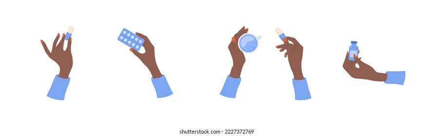 Las píldoras de la mano de las mujeres africanas. El concepto de salud y medicina. La mujer bebe vitaminas y minerales. Ilustración vectorial al estilo de las caricaturas planas. Medicación y fármaco farmacéutico.