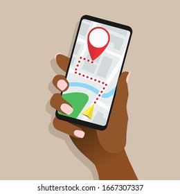 African female hand holding smartphone with map and marker. Mobile GPS tracking concept. Afro-american woman using touchscreen phone for navigation or ordering taxi. Flat vector EPS8 illustration.