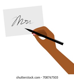 African female hand with polished nails signing a card. Woman hand holding a pen. Vector illustration in flat style, isolated on white isolated on white. EPS8