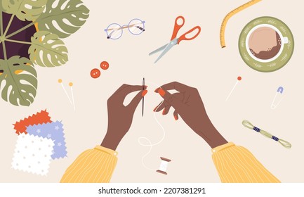 African female hands insert thread into needle. Woman create outfit. Top view. Needlework and hobbies. Handmade clothes. Fashion designer or dressmaker. Vector illustration in flat cartoon style.