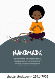African female making necklace from colorful beads. Vector template for cards, invitations, banners. You can place your text here 