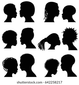 African female and male face vector silhouettes. Afro american couple portraits for wedding and romantic design. Couple african profile man and woman, illustration of black silhouette couple