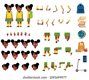 African female student kid animation set. Cute young girl with different facial emotions, legs and arms positions and gestures, school symbols. People construction and creation collection. Vector flat