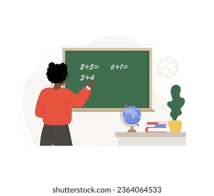 African female teacher in classroom. Pedagogue writes on chalkboard. School and college concept. Vector illustration in flat cartoon style.