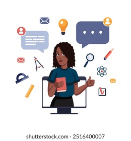 African female teacher shows thumb up and holds book in computer monitor. Online Education concept. Vector