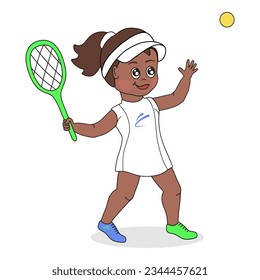 Afrikanische Tennisspielerin in farbigen Schuhen hält einen Schläger mit einer Hand und wirft den Ball mit der anderen nach oben. Sport, Vektorgrafik.