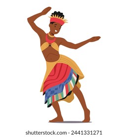 African Female Tribal Dancer Character In Vibrant, Traditional Attire Move With Powerful, Rhythmic Grace, Her Body Telling Ancient Stories Through Each Fluid Motion. Cartoon People Vector Illustration