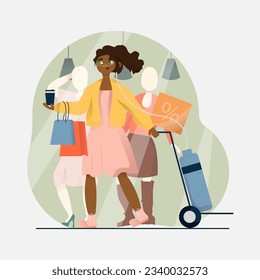 African female walks around shopping center and carries an oxygen concentrator. Adaptation of people with injuries to normal life. Flat vector illustration in cartoon style