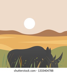 African field with rhino. Rhino in the field scene. Silhouette rhino. Vector graphic illustration.