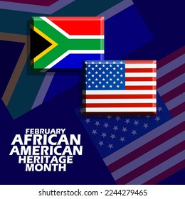 Bandera africana con bandera estadounidense y texto en negrita sobre fondo azul oscuro para conmemorar el Mes de la Herencia Africana Americana el pasado febrero