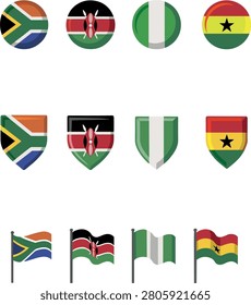 African Flag Icon Collection Featuring South Africa Kenya Nigeria and Ghana in Glossy Round Shield and Waving Pole Vector Badge Designs.eps