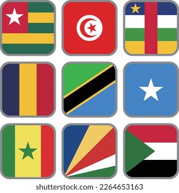 Juego de materiales vectores de iconos africanos, Togo, Túnez, África Central, Chad, Tanzania, Somalia, Senegal, Seychelles, Sudán