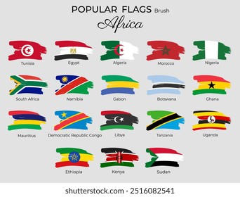 Banderas africanas con pintura con pincel texturizada. Banderas de África cepillo grunge iconos planos. Nigeria Uganda Egipto Kenia
