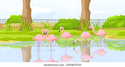 African flamingo drinking water in pond near fence in zoo. Safari vacation. Natural wildlife. Cartoon design. Cute character. Picturesque landscape. Wild savanna with tree. Vector illustration