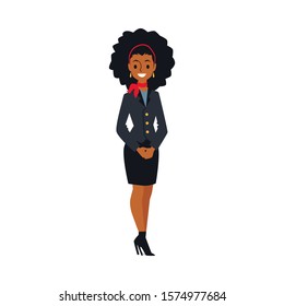 African flight attendant woman in black uniform standing and smiling - flat cartoon stewardess with afro hair posing on white background - flat isolated vector illustration.