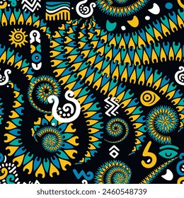 African floral seamless pattern background illustration. Tribal ethnic afro style flowers ornament with african symbols, signs. Doodle hand drawn colorful bright trendy ornaments on black background.