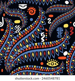 African floral seamless pattern background illustration. Tribal ethnic afro style flowers ornament with african symbols, signs. Doodle hand drawn colorful bright trendy ornaments on black background.