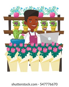 An african florist standing behind the counter at flower shop. Florist using phone and laptop to take order. Man working in flower shop. Vector flat design illustration isolated on white background.