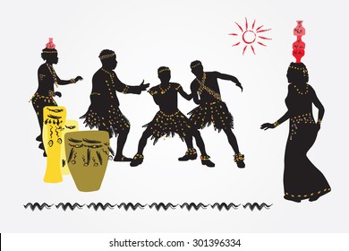 African folk dance. Women with jars on their heads and men dancing and having fun